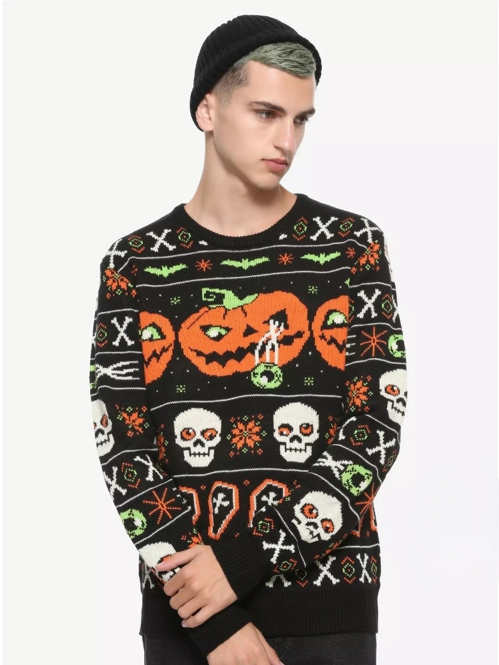Black Matter Halloween Skull & Pumpkin Knit Sweater - Black/Orange/Green Size M